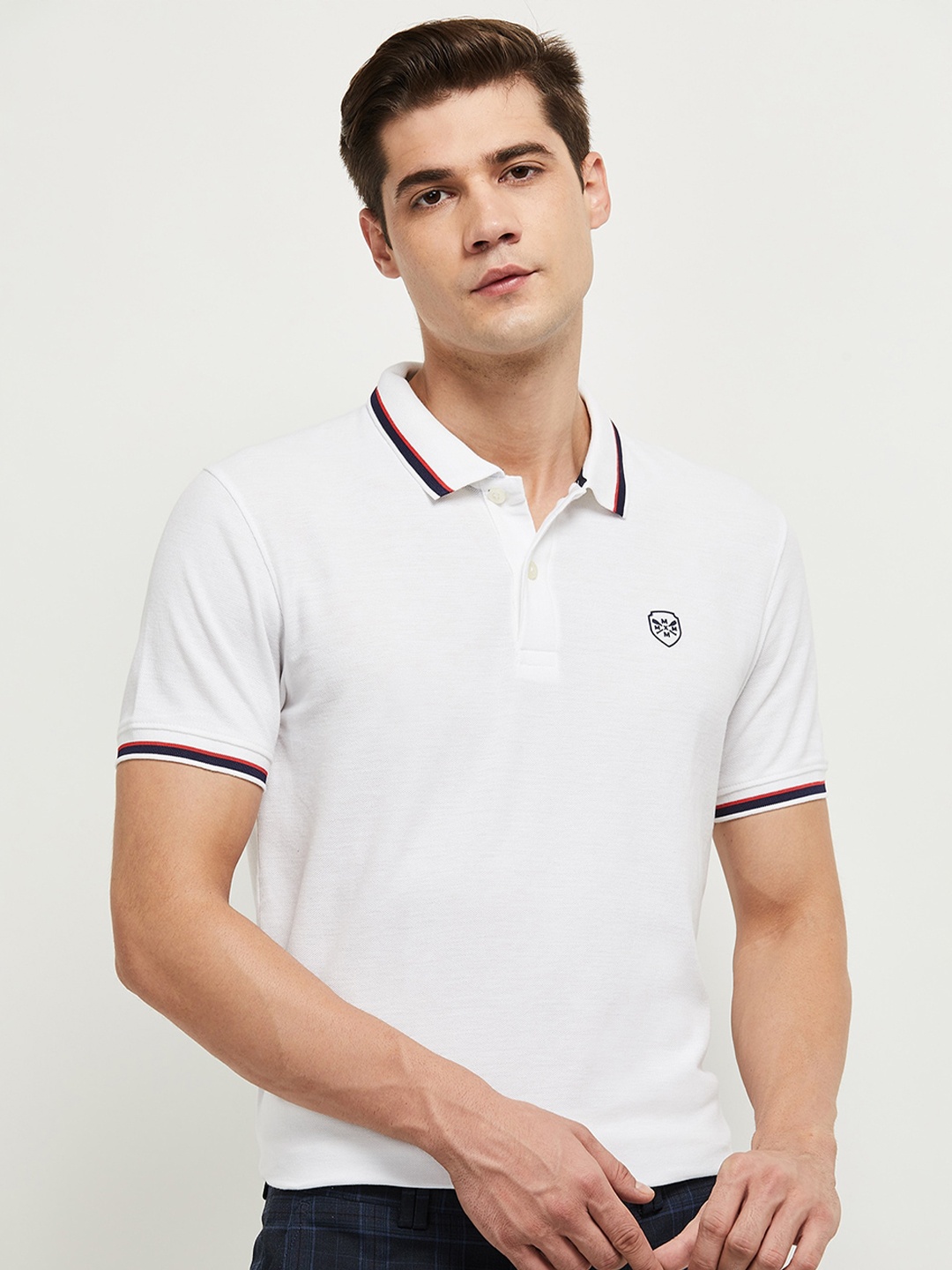 max Men White Printed Polo Collar T-shirt