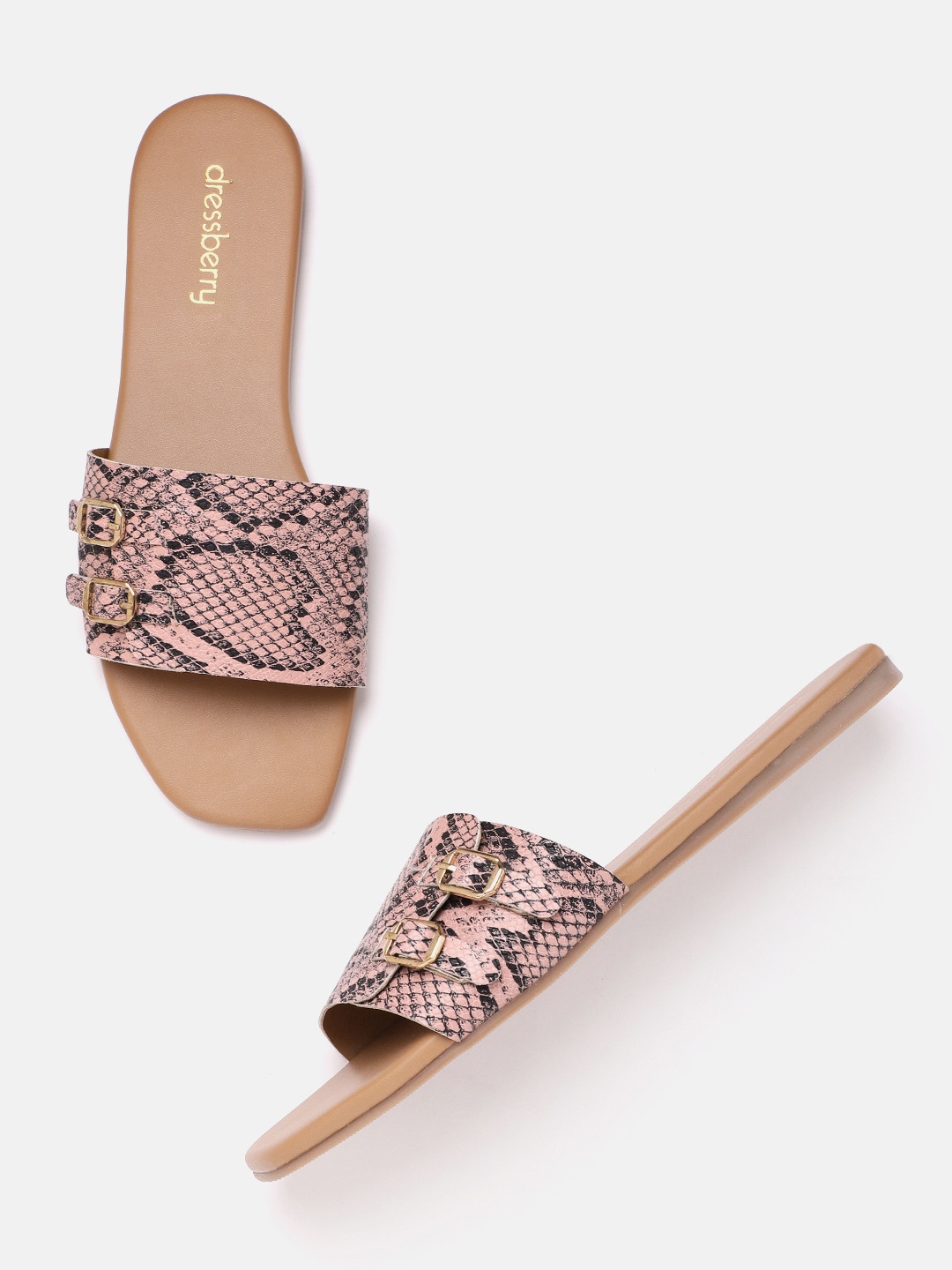 DressBerry Women Dusty Pink & Black Snakeskin Print Open Toe Flats with Buckle Detail
DressBerry Women Dusty Pink & Black Snakeskin Print Open Toe Flats with Buckle Detail