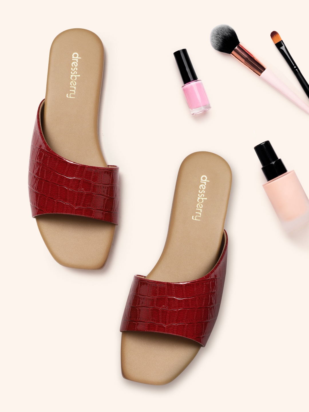 DressBerry Women Maroon Croc Textured Open Toe Flats