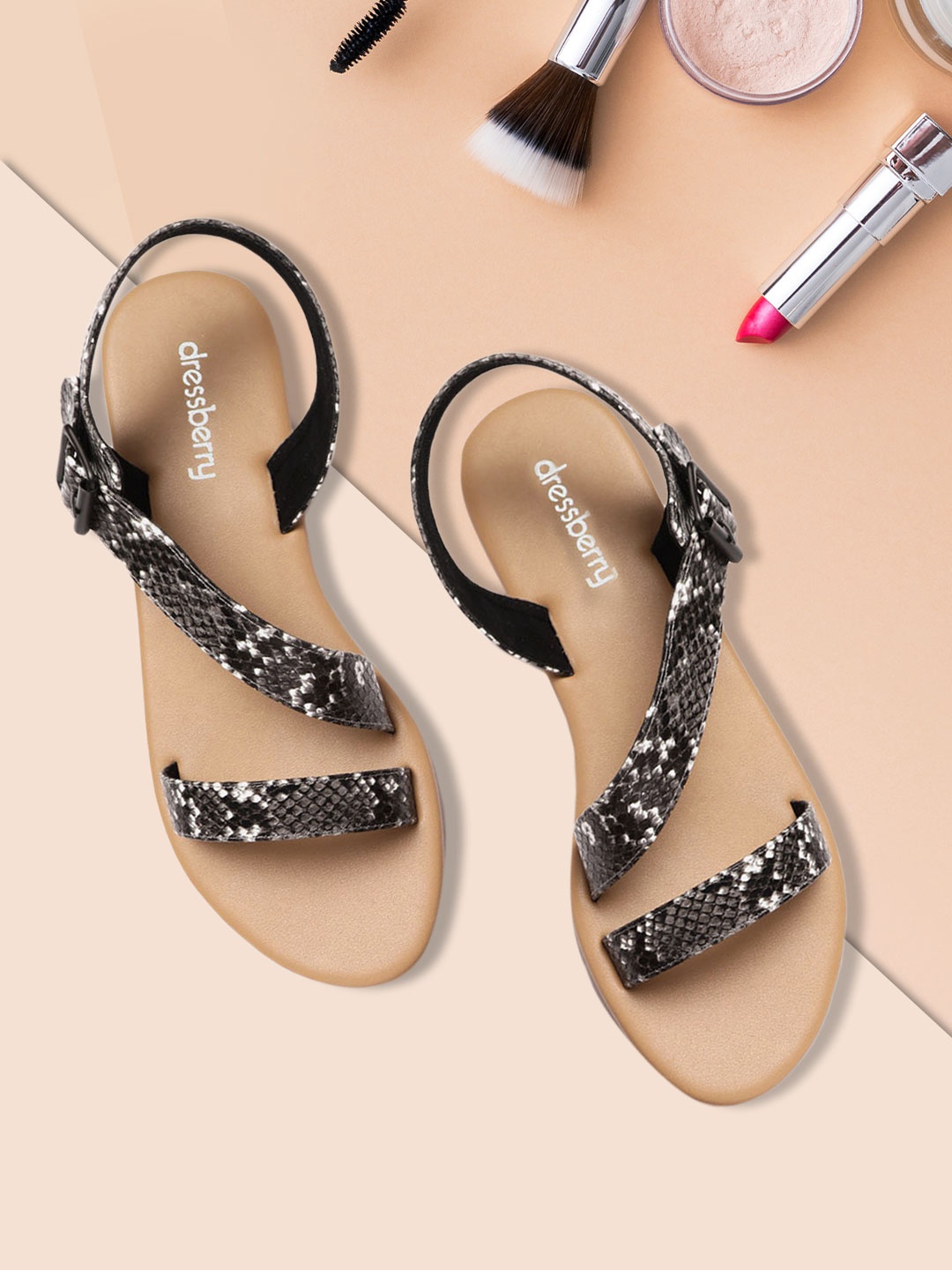 DressBerry Women Grey & Black Snakeskin Textured Open Toe Flats