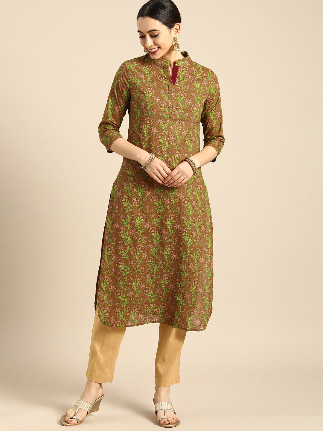 Anouk Women Brown & Green Ethnic Motifs Printed Mandarin-Collar Kurta 
Anouk Women Brown & Green Ethnic Motifs Printed Mandarin-Collar Kurta