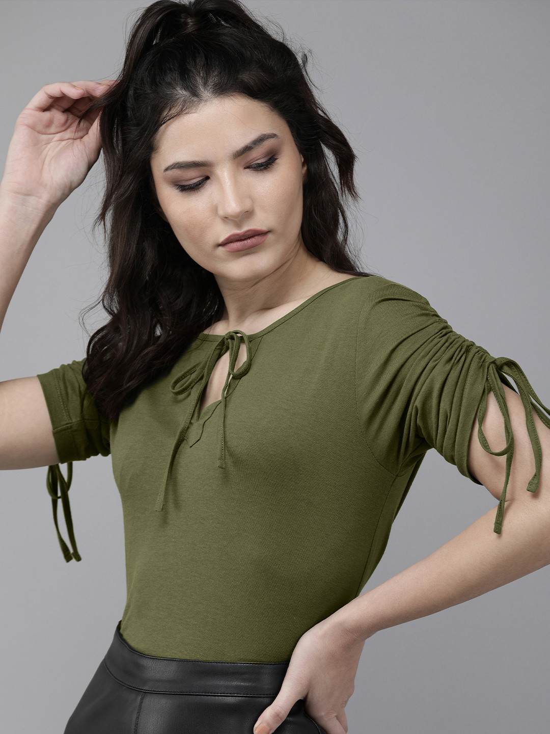 Roadster Olive Green Tie-Up Neck Regular Top With Tie-Up Detail Sleeves 
Roadster Olive Green Tie-Up Neck Regular Top With Tie-Up Detail Sleeves