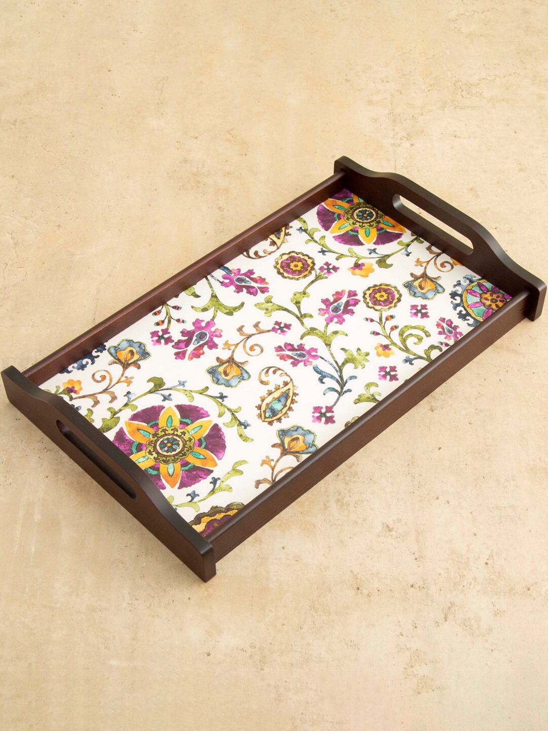 Home Centre White & Brown Alora-Fiore Printed Serving Tray
