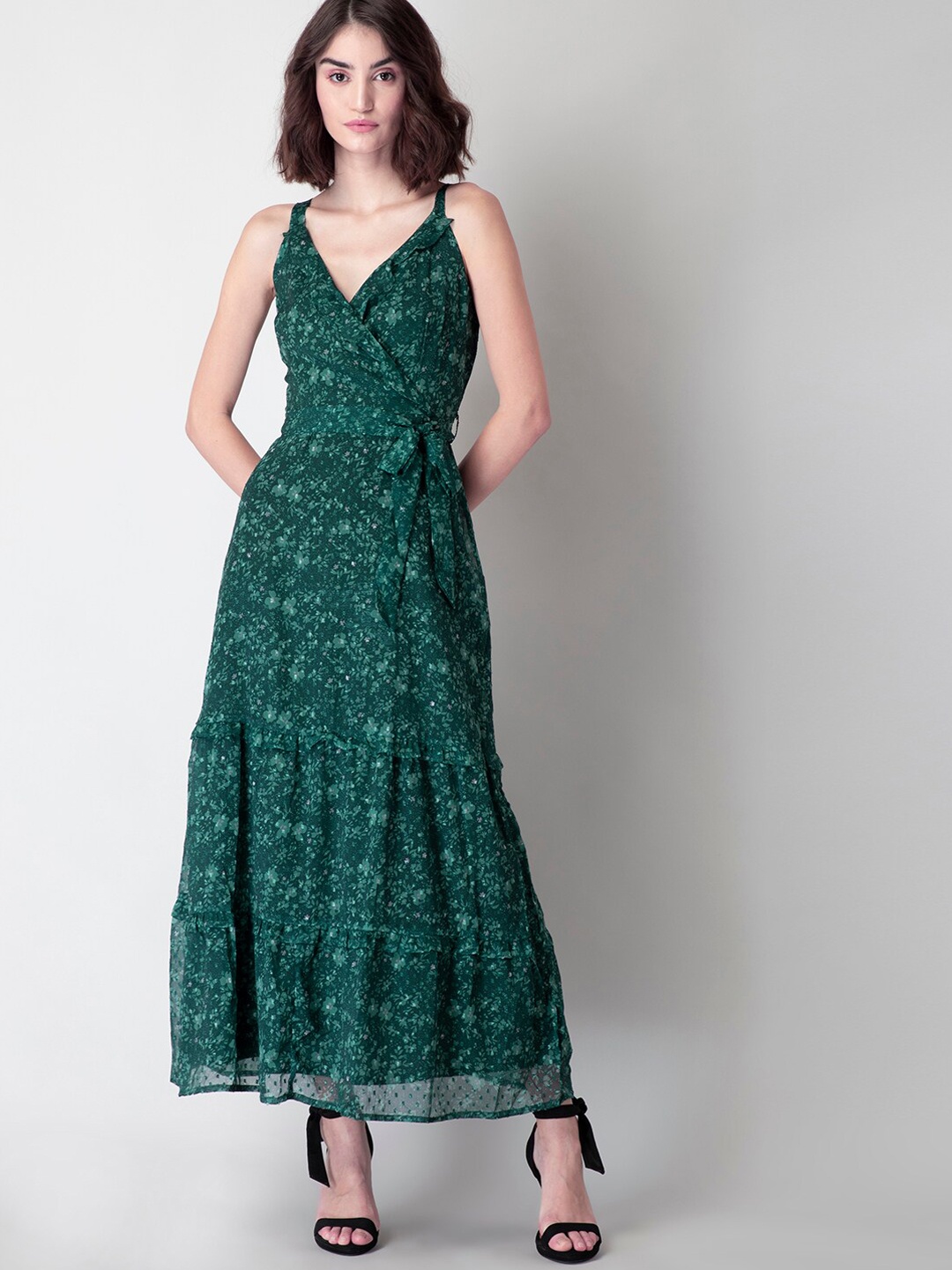FabAlley Women Green Floral Georgette Maxi Dress