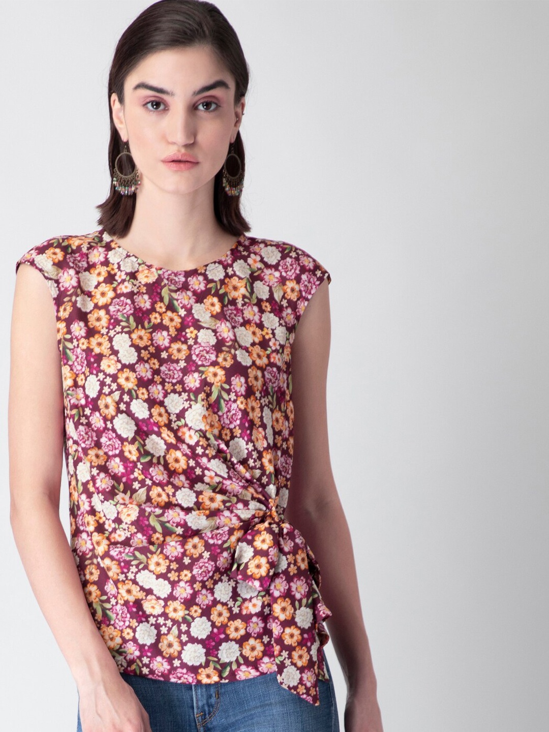FabAlley Women Maroon & Orange Floral Georgette Cinched Waist Top