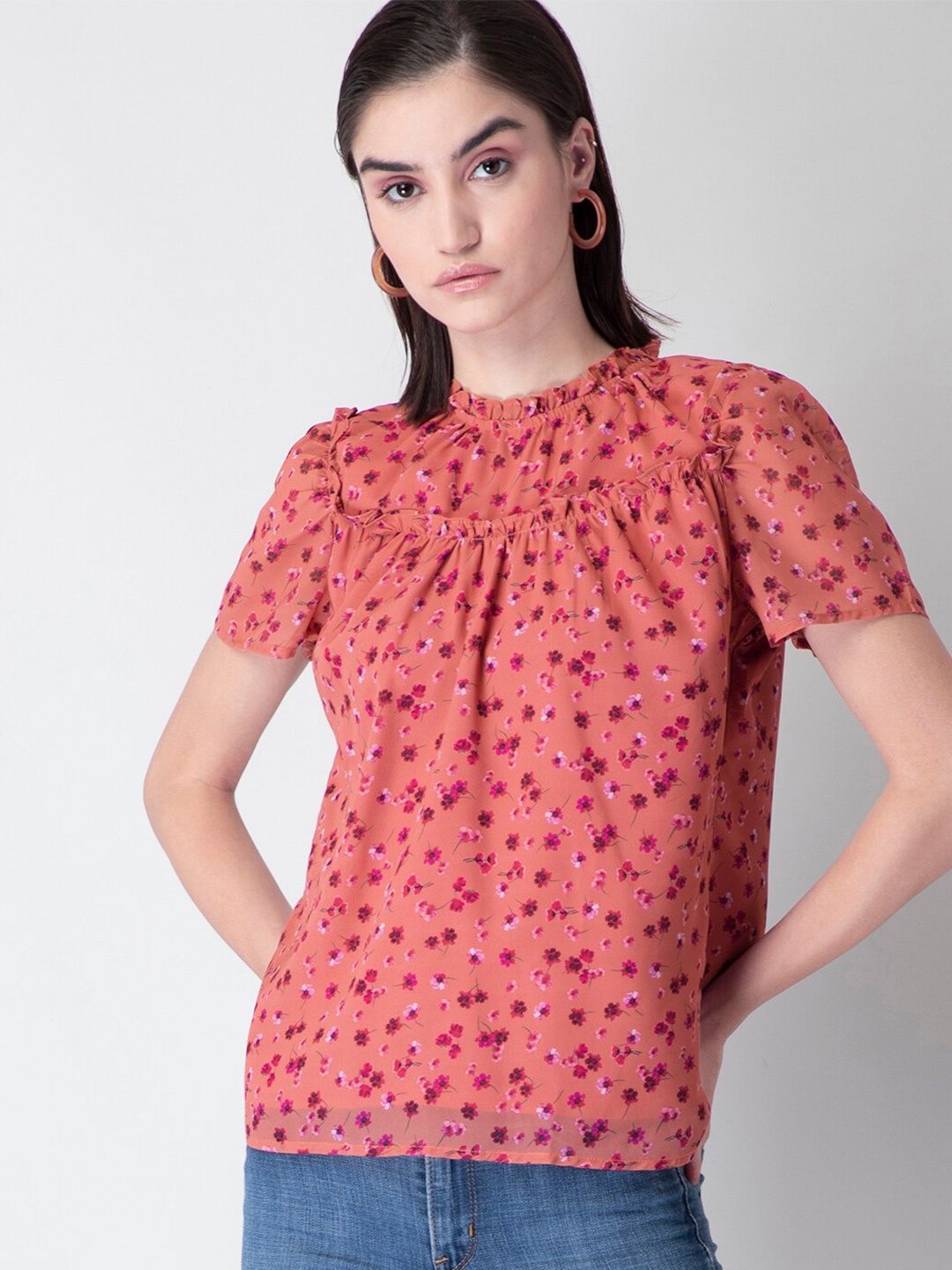 FabAlley Women Coral & Pink Floral Georgette Regular Top