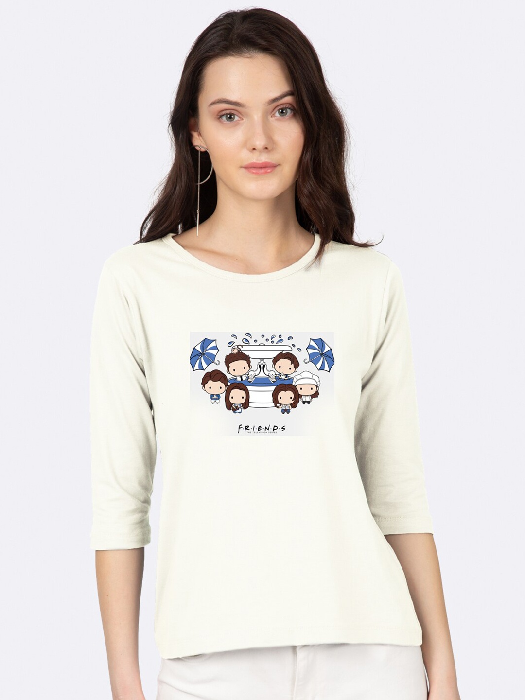 Bewakoof Women White Printed Slim Fit Pure Cotton T-shirt