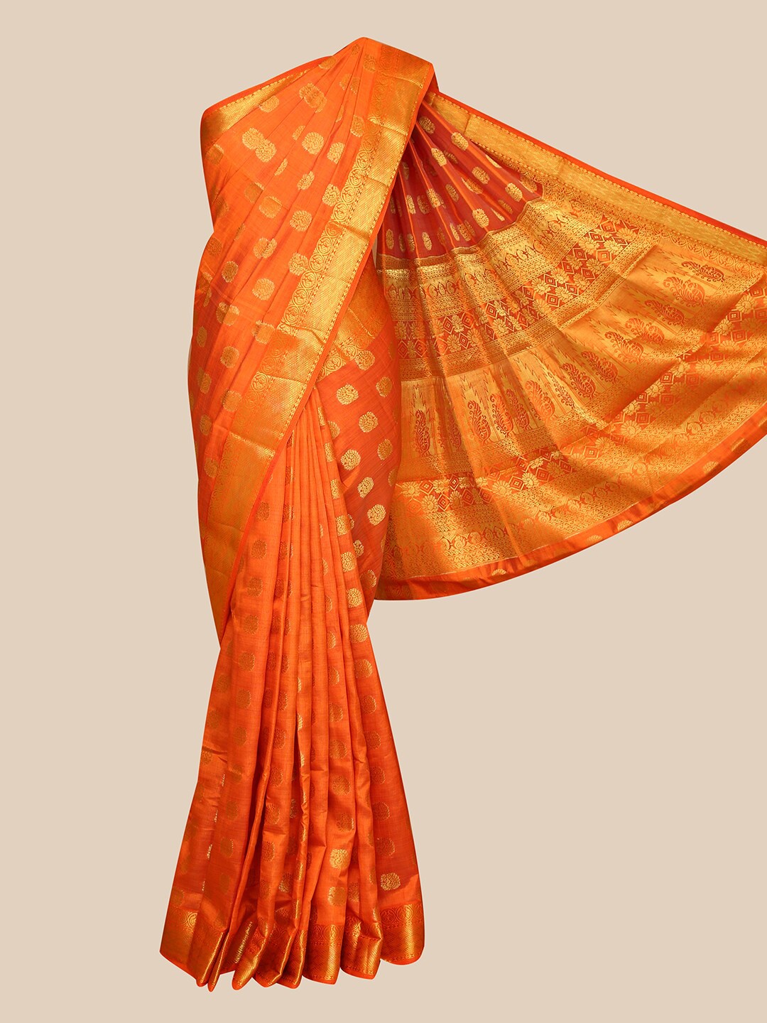 The Chennai Silks Orange & Gold Ethnic Motifs Woven Design Zari Border Jute Cotton Saree
The Chennai Silks Orange & Gold Ethnic Motifs Woven Design Zari Border Jute Cotton Saree