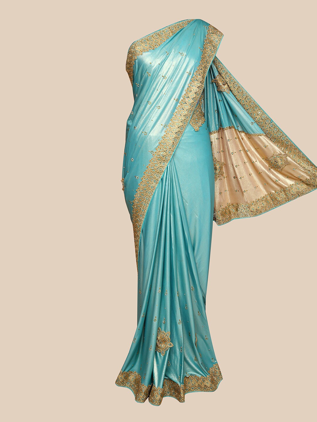 The Chennai Silks Turquoise Blue & Gold-Toned Embellished Embroidered Heavy Work Saree
The Chennai Silks Turquoise Blue & Gold-Toned Embellished Embroidered Heavy Work Saree