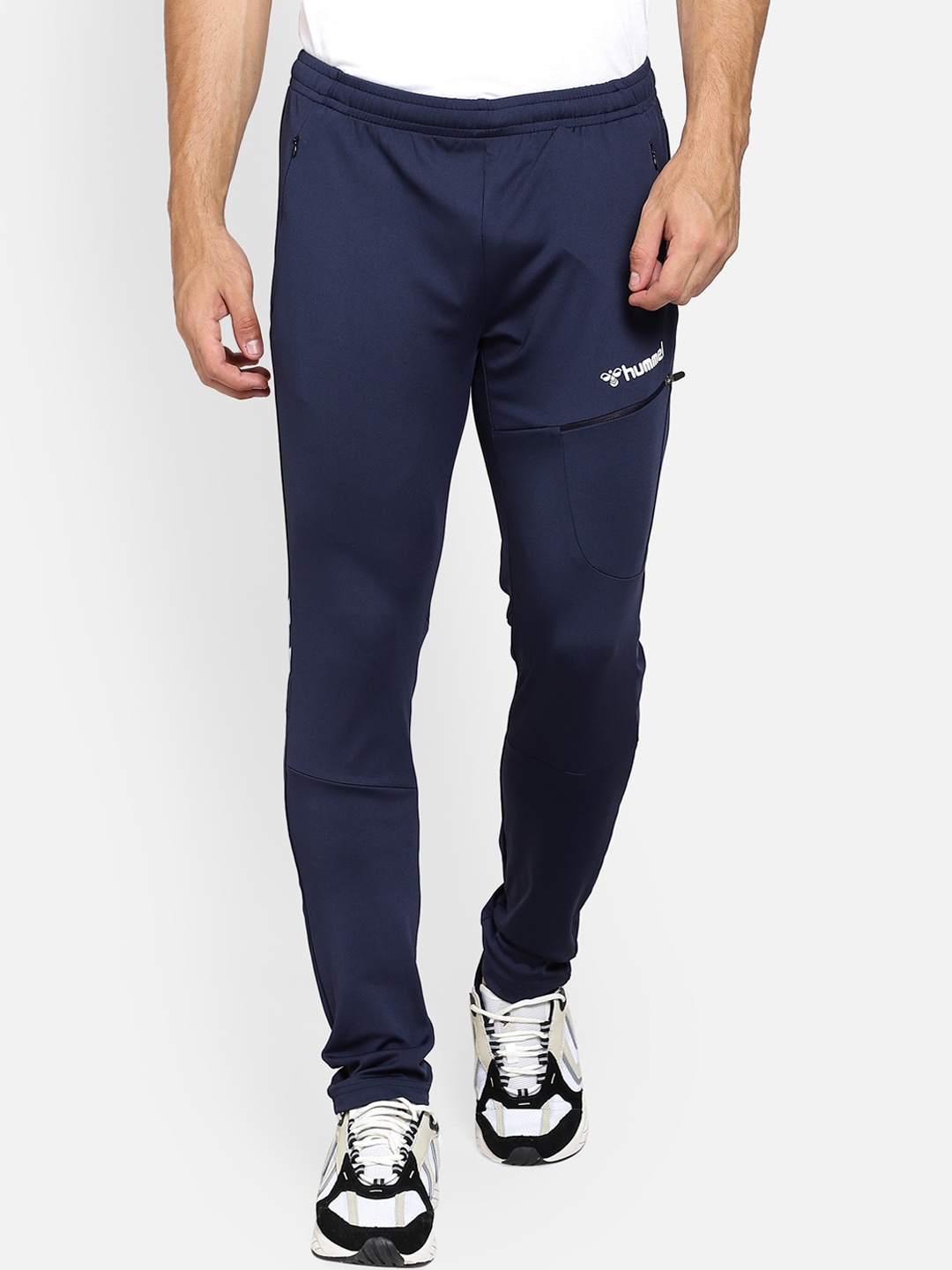 hummel Men Navy Blue & White Solid Track Pants