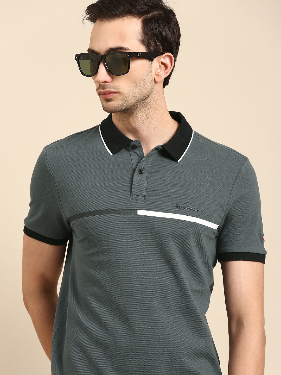Being Human Men Grey Solid Pure Cotton Polo Collar Pure Cotton T-shirt