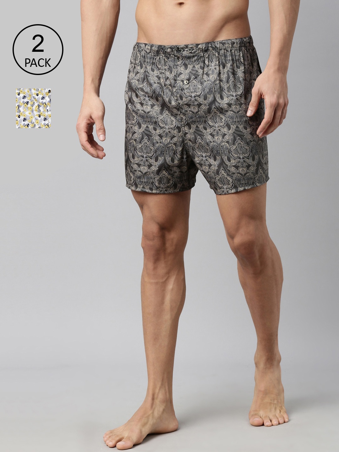 RARE RABBIT Men Pack Of 2 Printed Pure Cotton Boxers, White