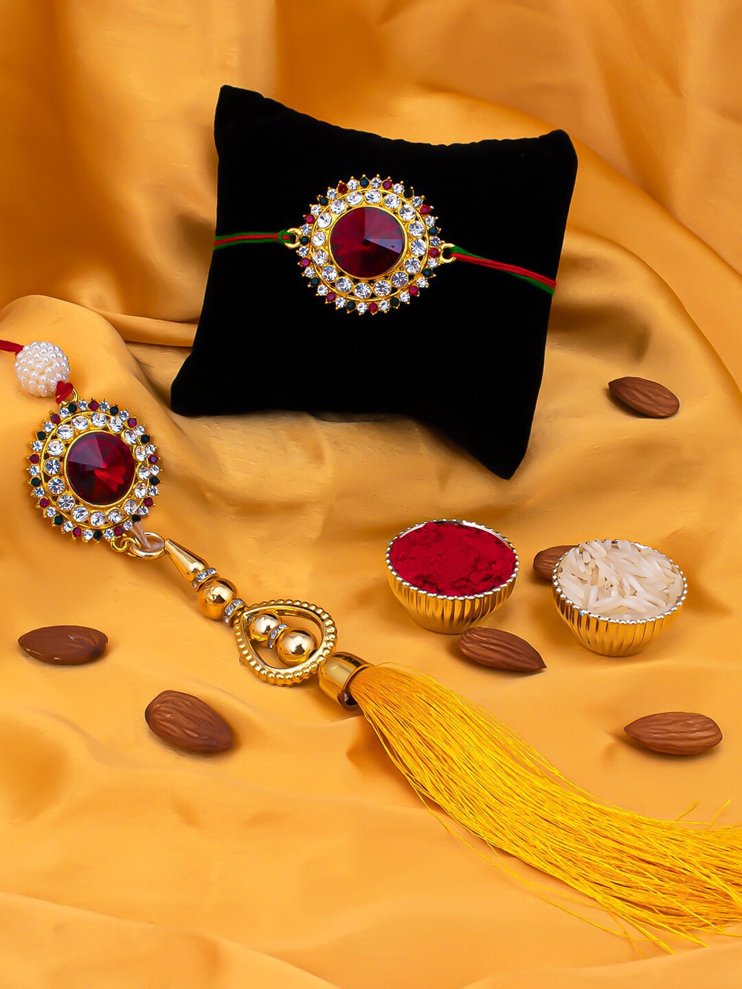 Sukkhi Rakhi Unisex Set Of 2 Stone-Studded Rakhi Lumba Set With Roli Chawal & Greeting Card, Gold
Sukkhi Rakhi Unisex Set Of 2 Stone-Studded Rakhi Lumba Set With Roli Chawal & Greeting Card, Gold