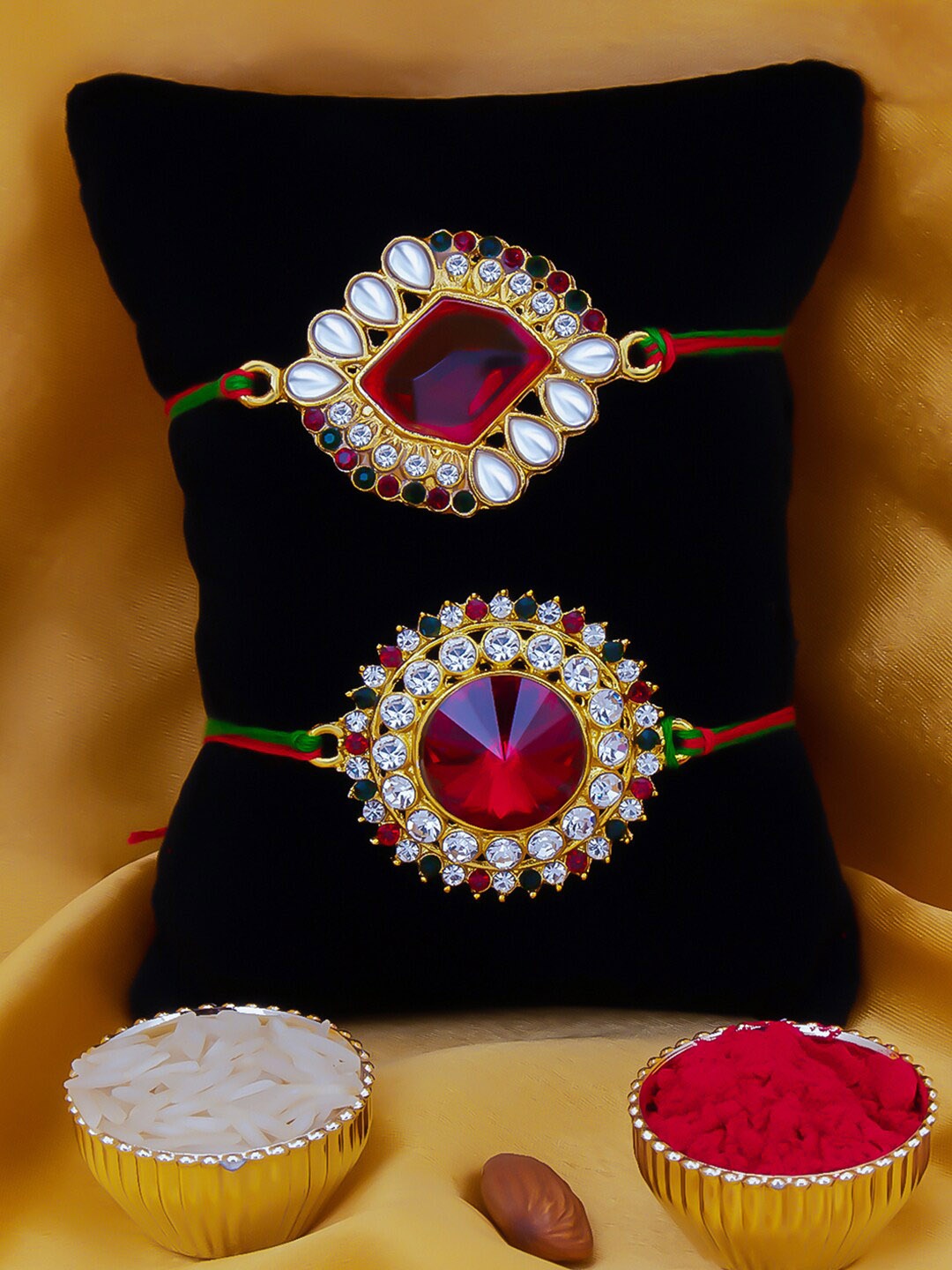 Sukkhi Rakhi Unisex Set Of 2 White & Red Stone-Studded Rakhi With Roli Chawal & Greeting Card, Gold
Sukkhi Rakhi Unisex Set Of 2 White & Red Stone-Studded Rakhi With Roli Chawal & Greeting Card, Gold