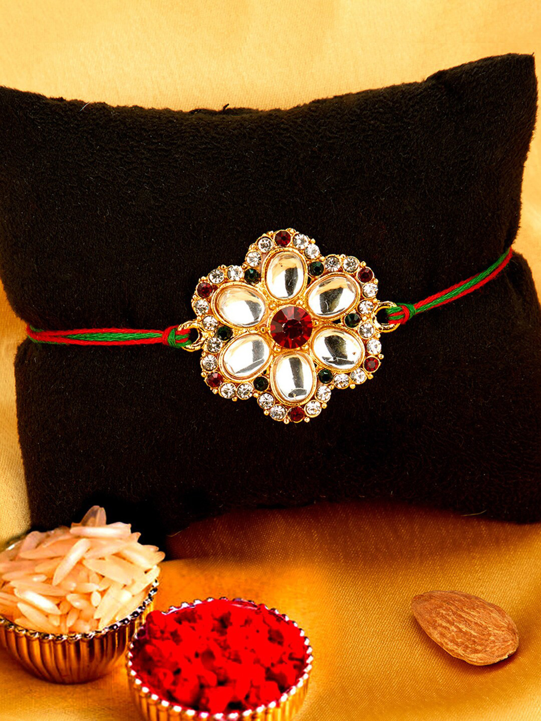 Sukkhi Rakhi Men Gold-Plated Red & White Stone-Studded Rakhi With Roli Chawal & Greeting Card
Sukkhi Rakhi Men Gold-Plated Red & White Stone-Studded Rakhi With Roli Chawal & Greeting Card