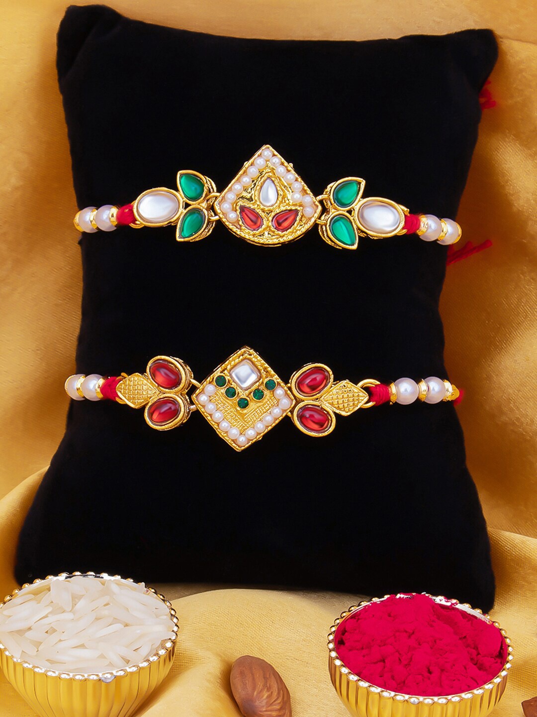 Sukkhi Rakhi Men Set Of 2 Gold-Toned White & Red Stone Rakhi With Roli Chawal & Greeting Card
Sukkhi Rakhi Men Set Of 2 Gold-Toned White & Red Stone Rakhi With Roli Chawal & Greeting Card