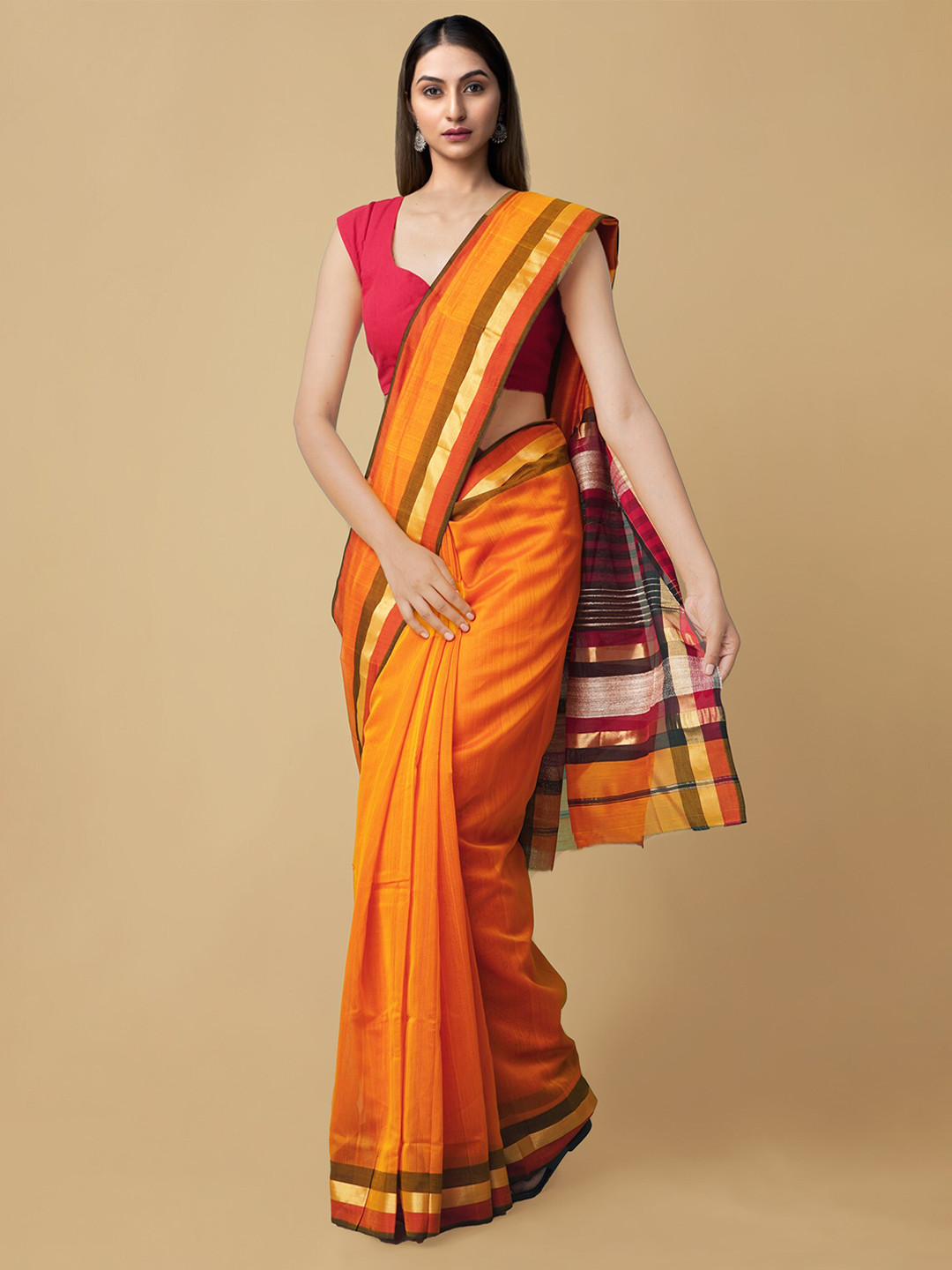 Unnati Silks Orange & Gold-Toned Zari Silk Cotton Handloom Sustainable Maheshwari Saree
Unnati Silks Orange & Gold-Toned Zari Silk Cotton Handloom Sustainable Maheshwari Saree