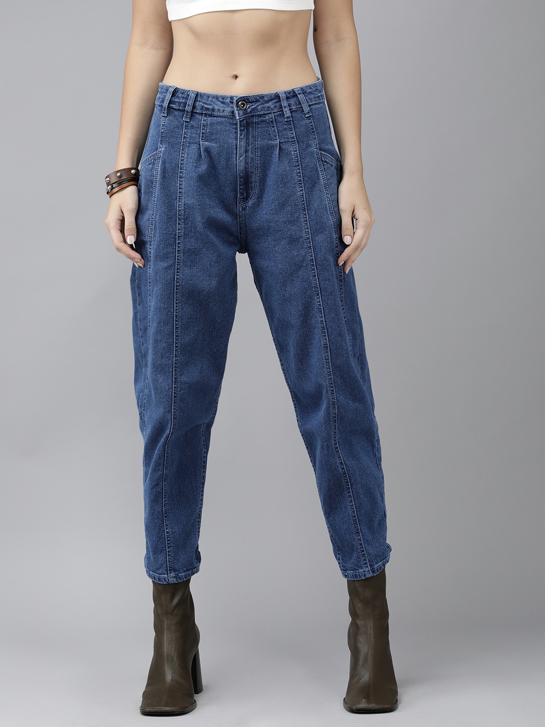 Roadster Women Blue Solid Mid-Rise Slouchy Cropped Jeans