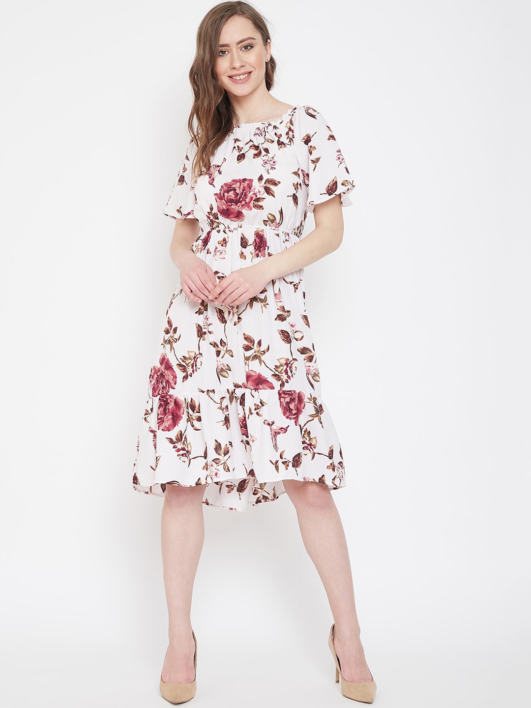 Ruhaans White Floral Georgette Dress