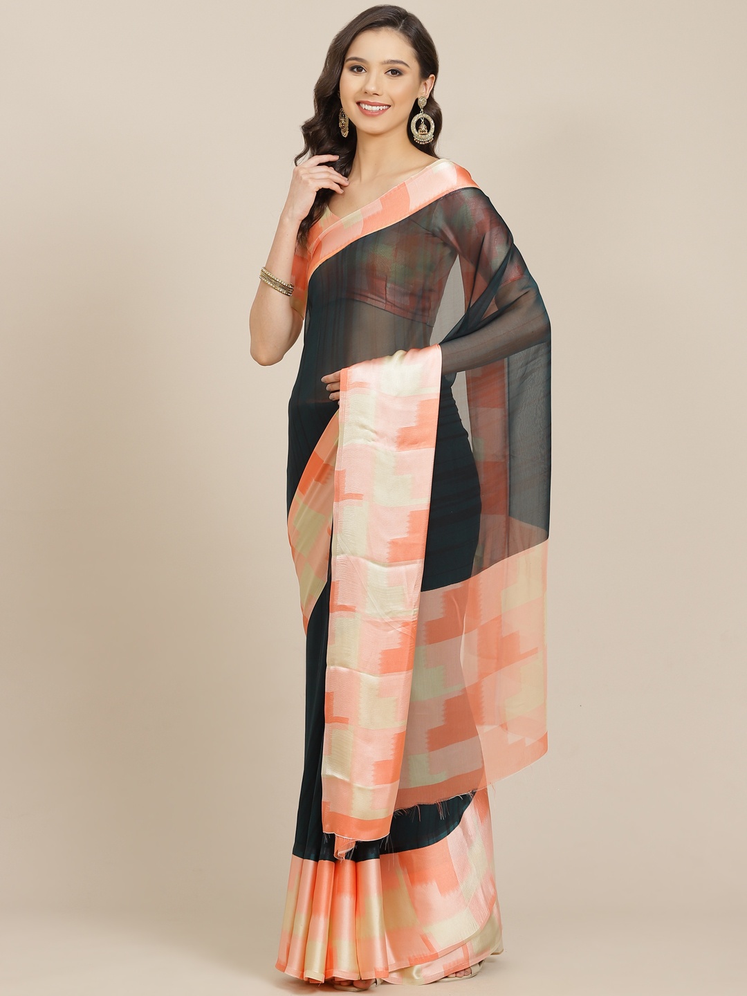 SHANGRILA Green & Coral Pink Solid Saree