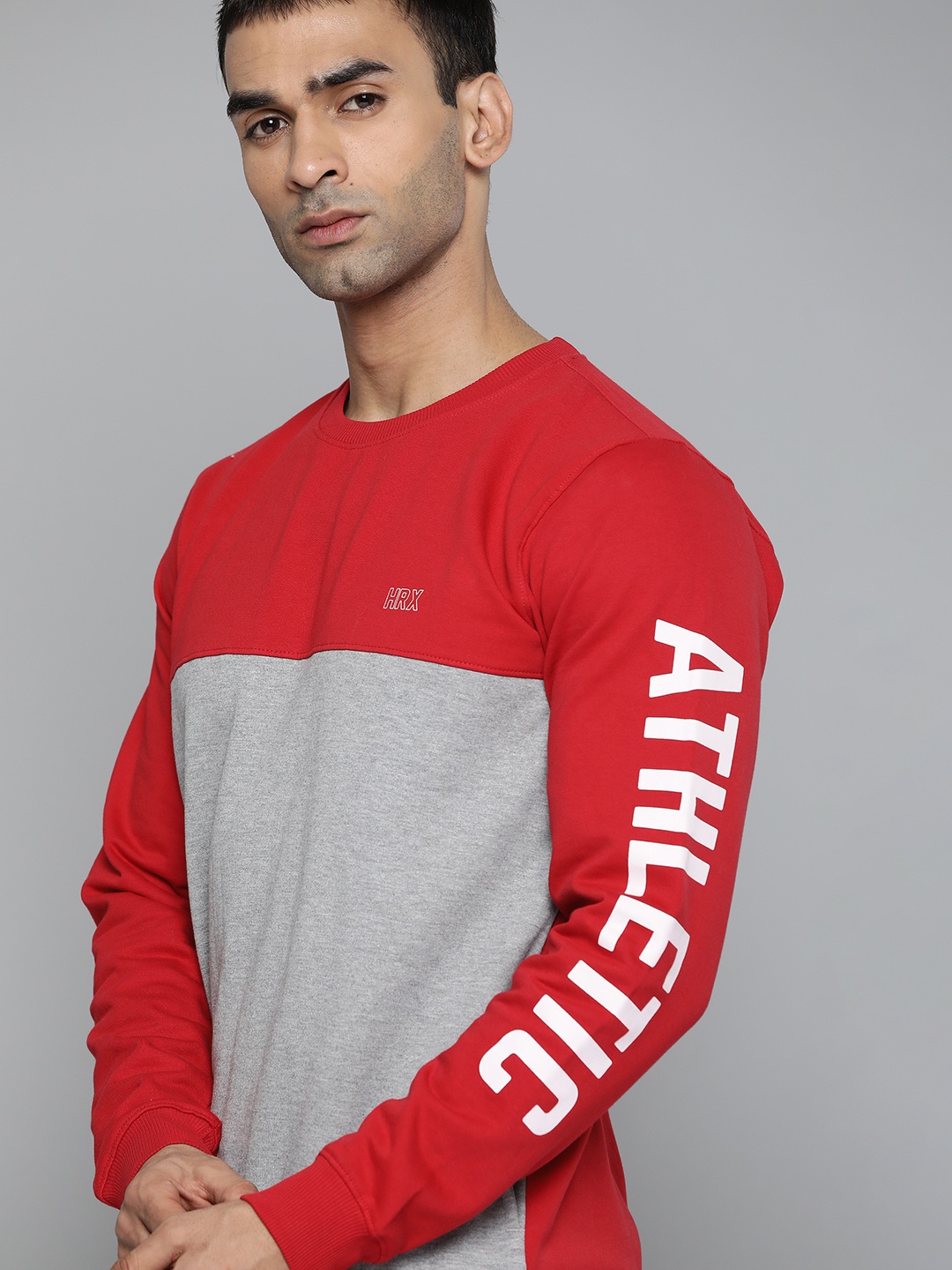 HRX by Hrithik Roshan Men Grey Melange & Red Colourblocked Sweatshirt