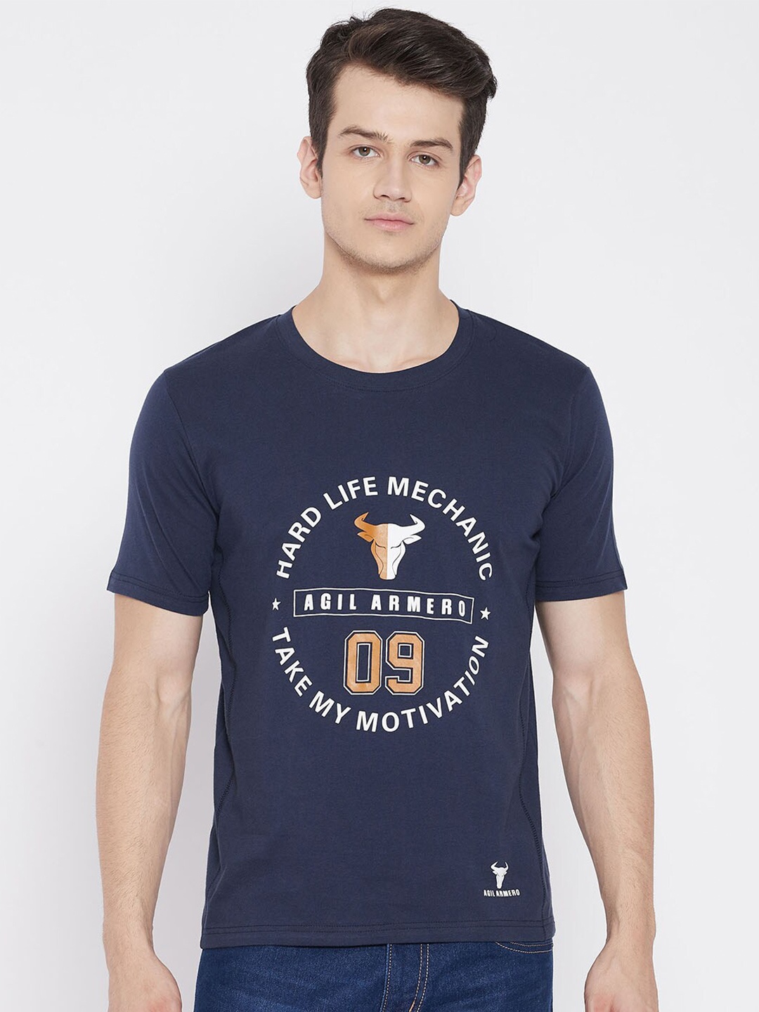 AGIL ARMERO Men Navy Blue Typography Printed Pure Cotton T-shirt