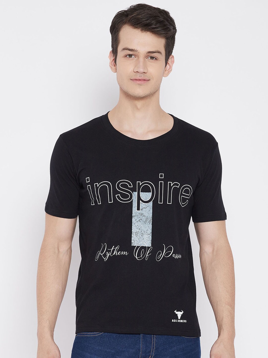 AGIL ARMERO Men Black Typography Printed Pure Cotton T-shirt