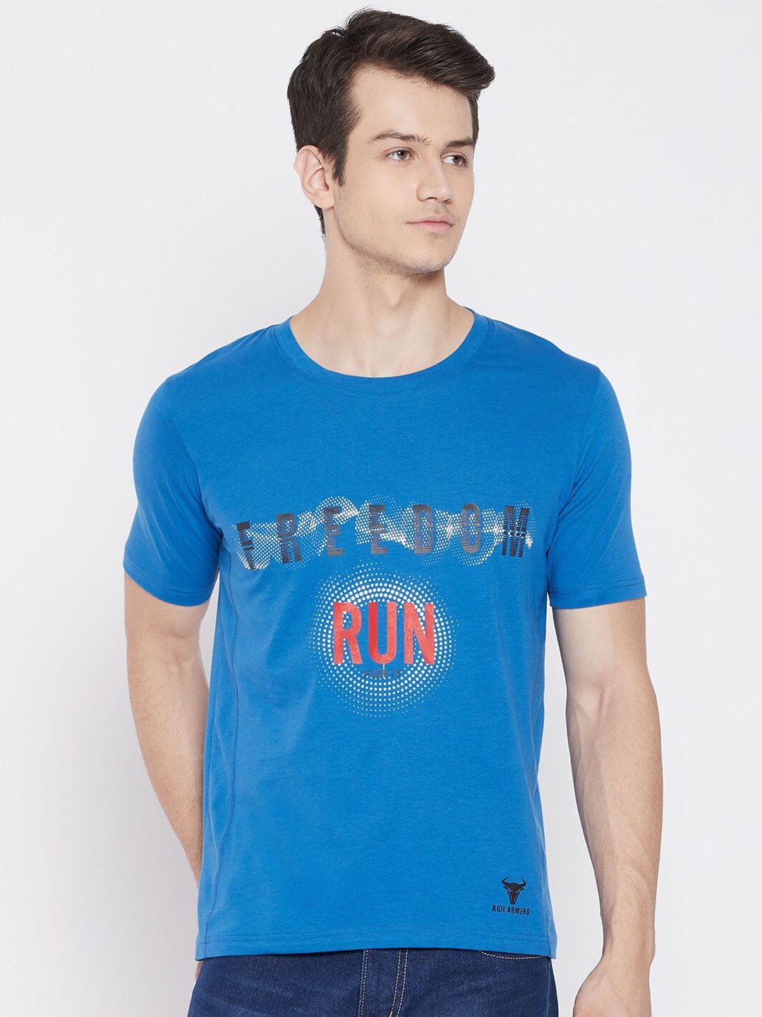 AGIL ARMERO Men Blue Bio Finished Cotton Printed Pure Cotton T-shirt
