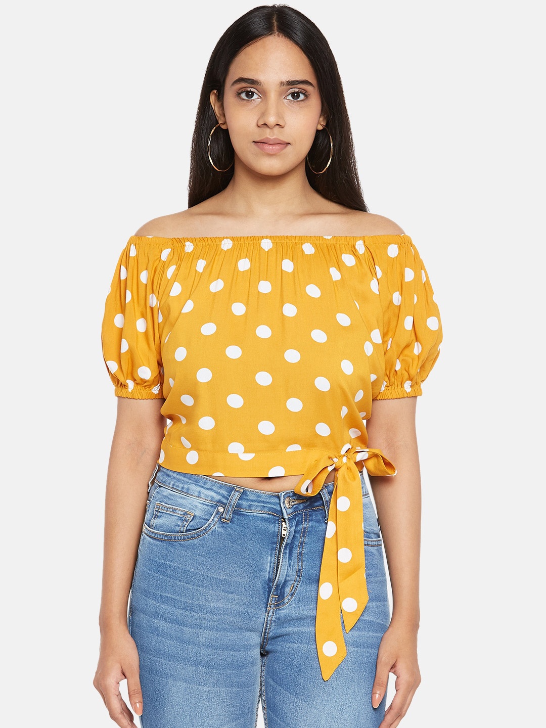 People Women Yellow & White Polka Dots Printed Off-Shoulder Bardot Crop Top With Tie-Up
People Women Yellow & White Polka Dots Printed Off-Shoulder Bardot Crop Top With Tie-Up