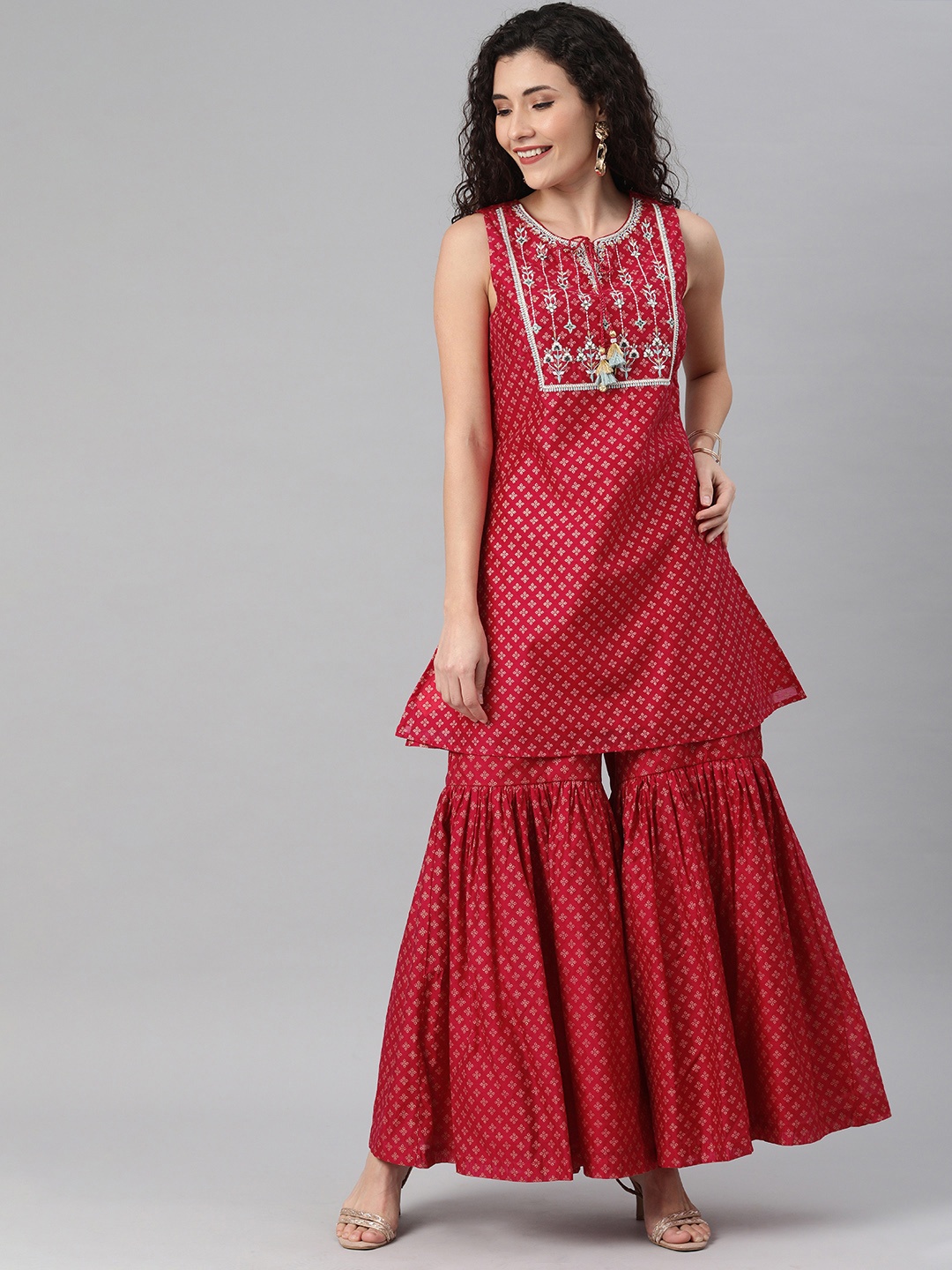 Global Desi Women Pink & Golden Ethnic Motifs Printed Thread Work Kurta with Sharara
Global Desi Women Pink & Golden Ethnic Motifs Printed Thread Work Kurta with Sharara