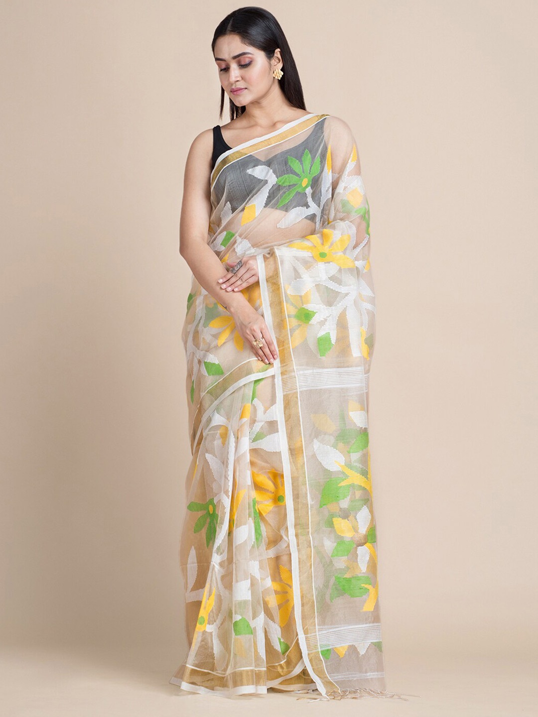 Mitera White & Yellow Floral Pure Silk Jamdani Saree