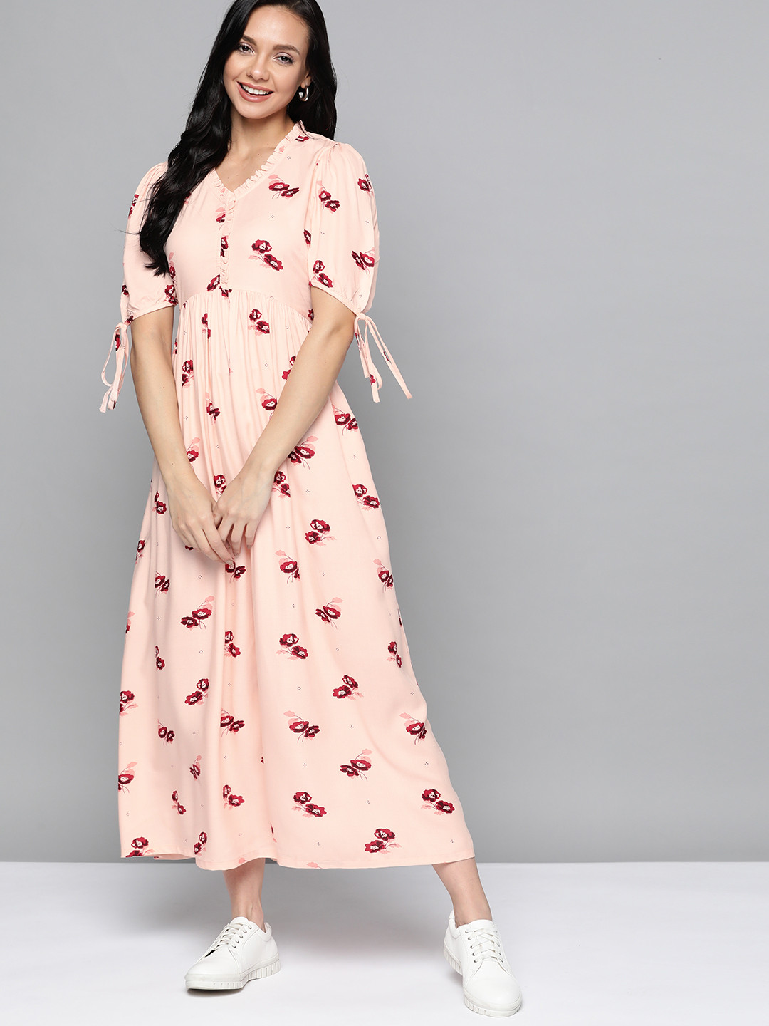 M&H Our Water Peach-Coloured & Maroon Floral Print A-Line Midi Dress with Ruffles
M&H Our Water Peach-Coloured & Maroon Floral Print A-Line Midi Dress with Ruffles