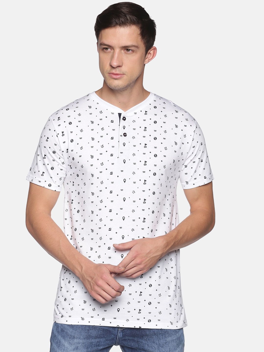 MASH UNLIMITED Men White & Black Conversational Printed Henley Neck Slim Fit T-shirt
MASH UNLIMITED Men White & Black Conversational Printed Henley Neck Slim Fit T-shirt