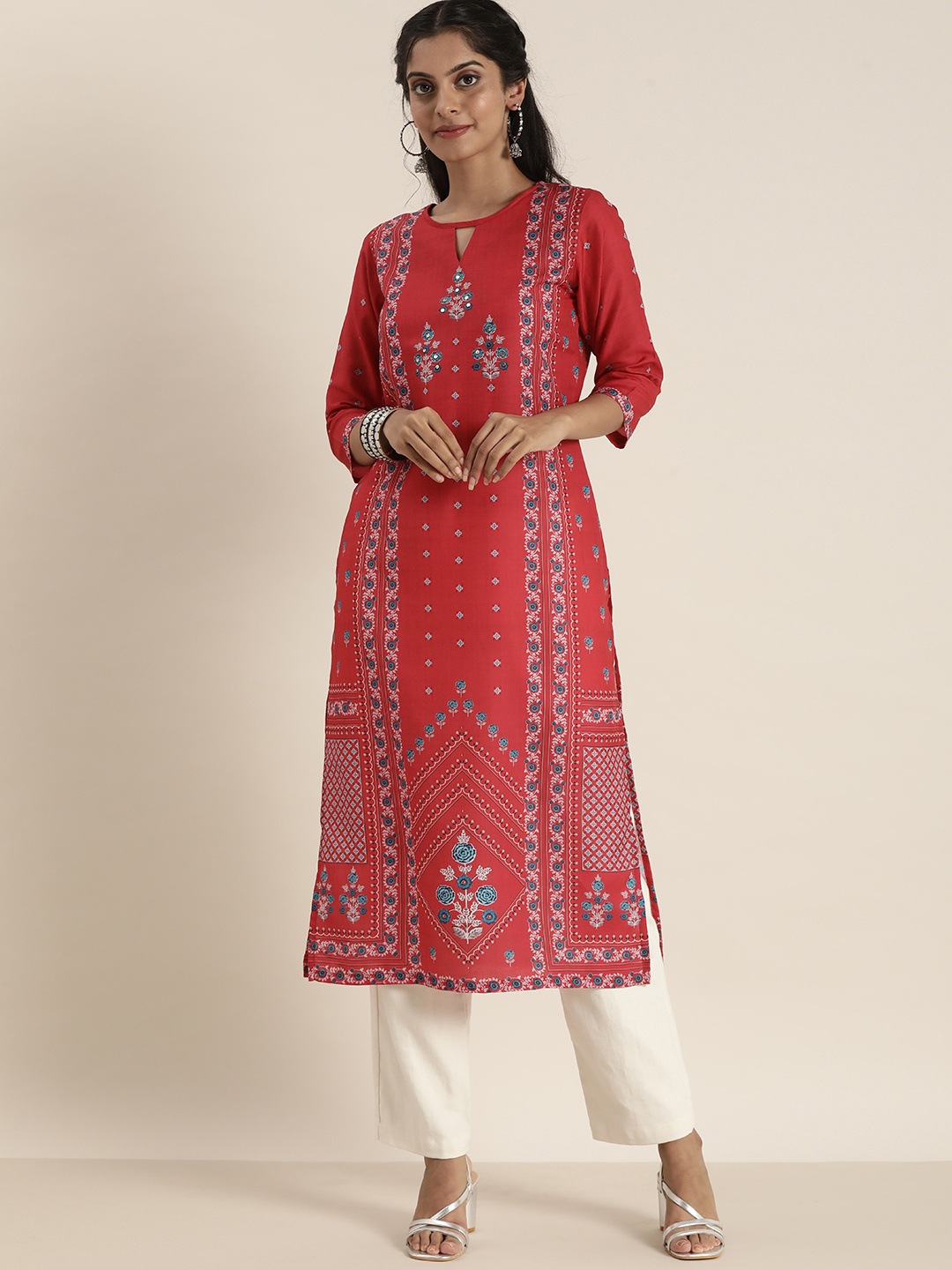 Sangria Women Pink & Blue Ethnic Motifs Printed Keyhole Neck Kurta with Sequence Detail
Sangria Women Pink & Blue Ethnic Motifs Printed Keyhole Neck Kurta with Sequence Detail