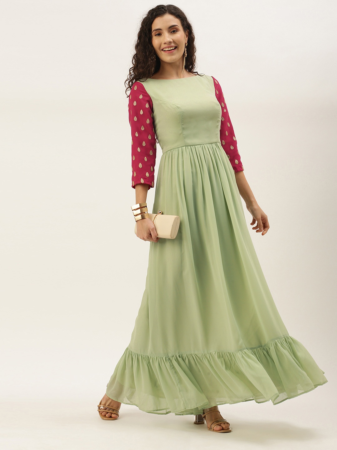Ethnovog Green Pink Georgette Ethnic Maxi Dress