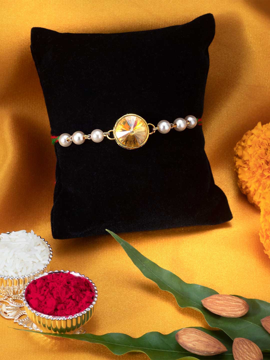 Peora Gold-Toned Crystal & Beads Meenakari Rakhi With Greeting Card & Roli Chawal
Peora Gold-Toned Crystal & Beads Meenakari Rakhi With Greeting Card & Roli Chawal