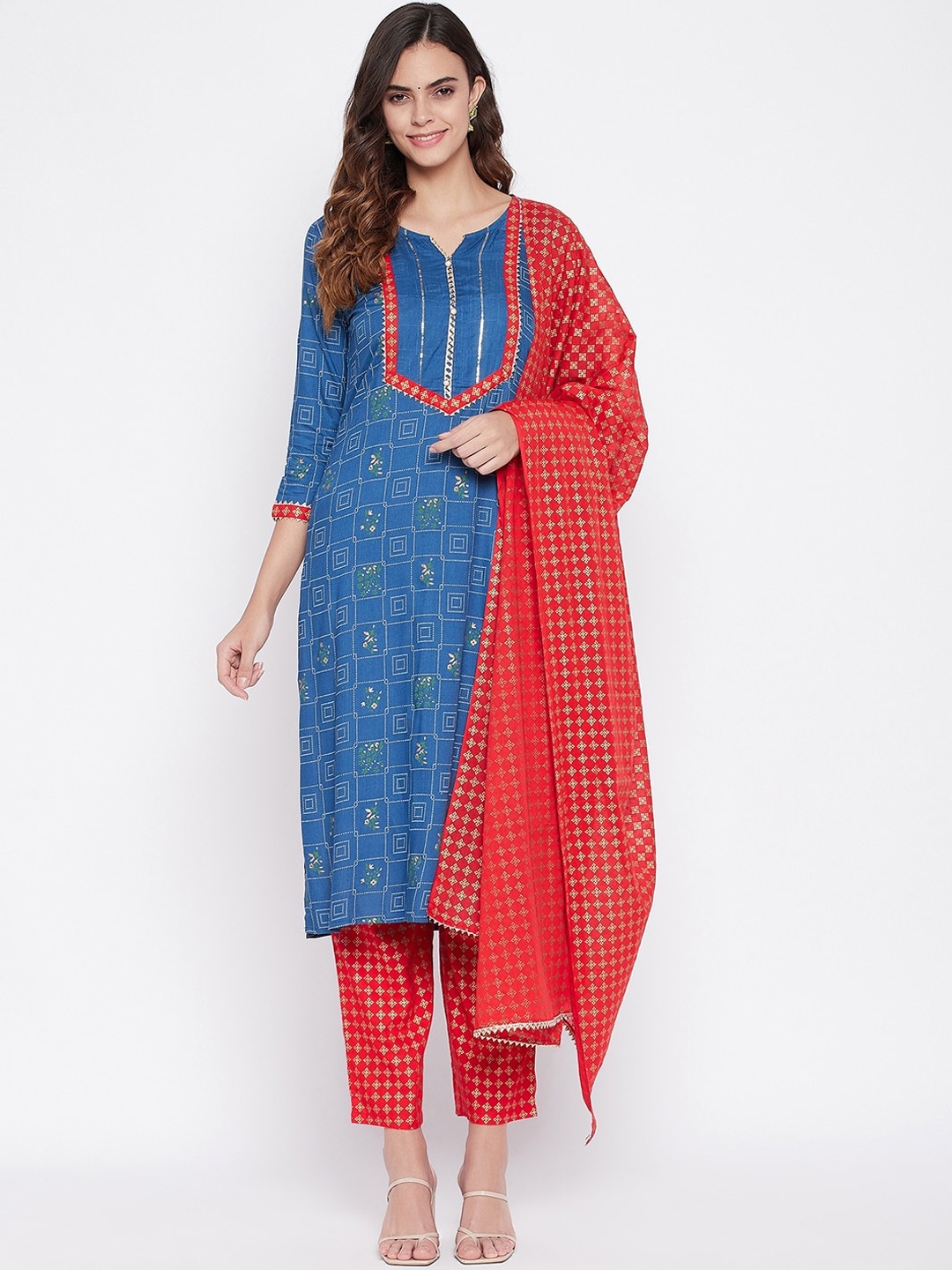 Prakhya Women Blue Ethnic Motifs Printed Panelled Kurta with Trousers & With Dupatta
Prakhya Women Blue Ethnic Motifs Printed Panelled Kurta with Trousers & With Dupatta