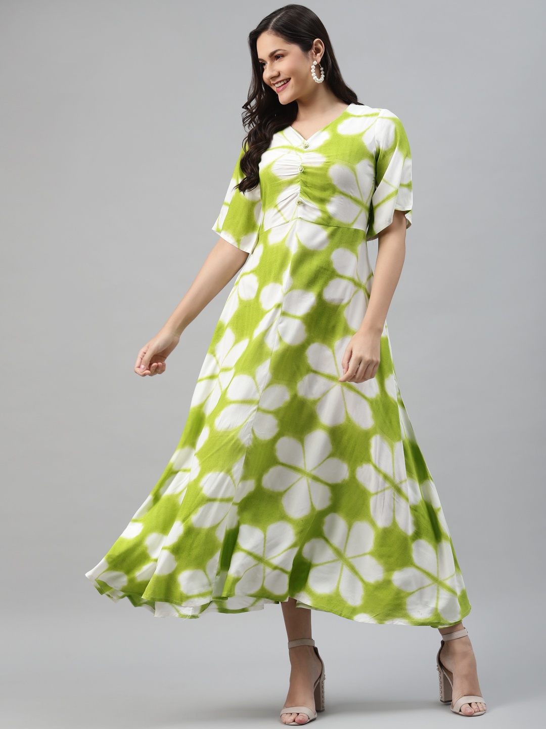 mokshi Lime Green & Off White Floral Tie & Dye Maxi Dress