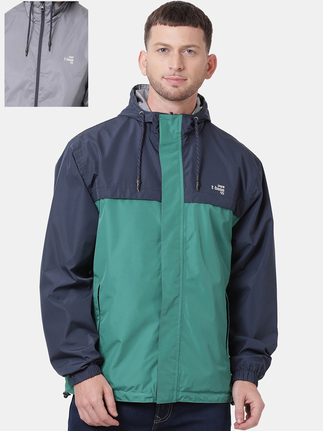 t-base Men Green & Navy Blue Windcheater and Water Resistant Reversible Biker Jacket
t-base Men Green & Navy Blue Windcheater and Water Resistant Reversible Biker Jacket