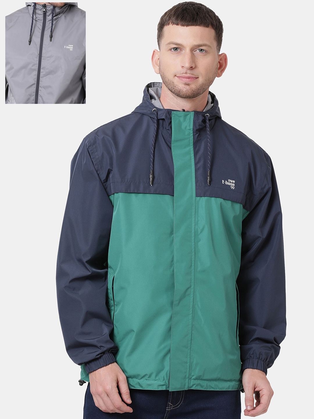 t-base Men Green & Navy Blue Windcheater and Water Resistant Reversible Biker Jacket
t-base Men Green & Navy Blue Windcheater and Water Resistant Reversible Biker Jacket