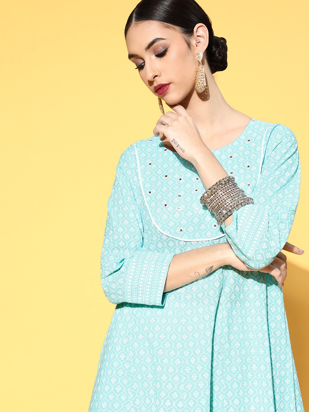 Sangria Women Blue & White Pure Cotton Ethnic Motifs Printed Mirror-Work A-Line Kurta
Sangria Women Blue & White Pure Cotton Ethnic Motifs Printed Mirror-Work A-Line Kurta
