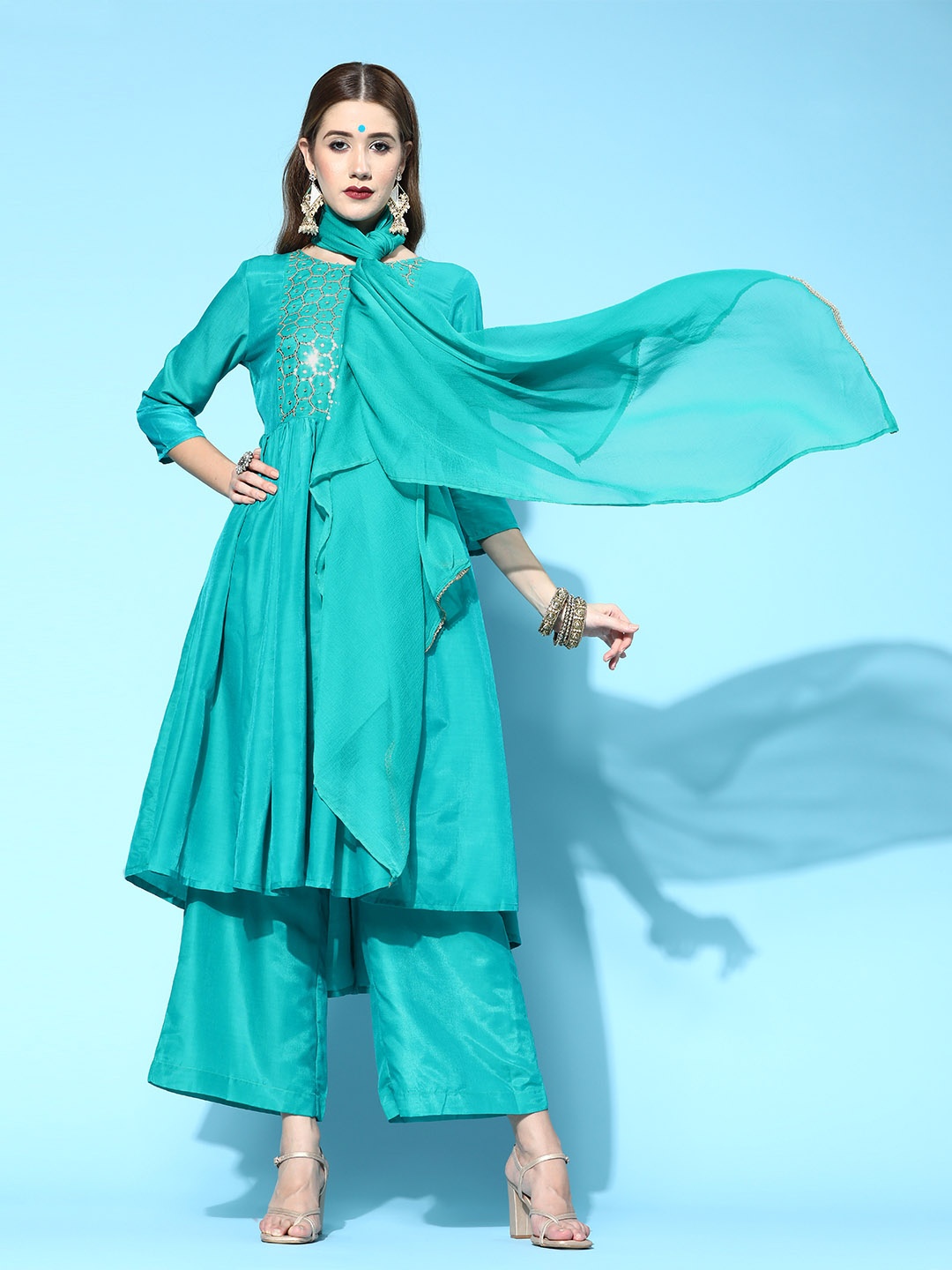 Sangria Ethnic Motifs Polyester Kurta Sets, Green