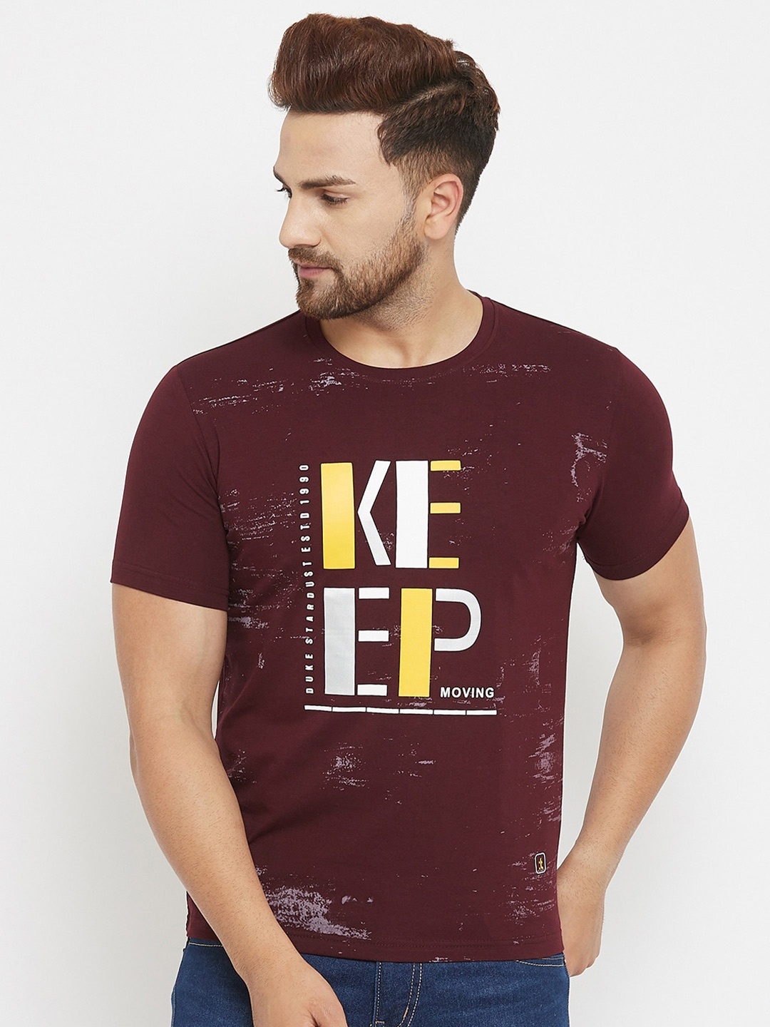 Duke Men Maroon Typography Printed Slim Fit T-shirt
