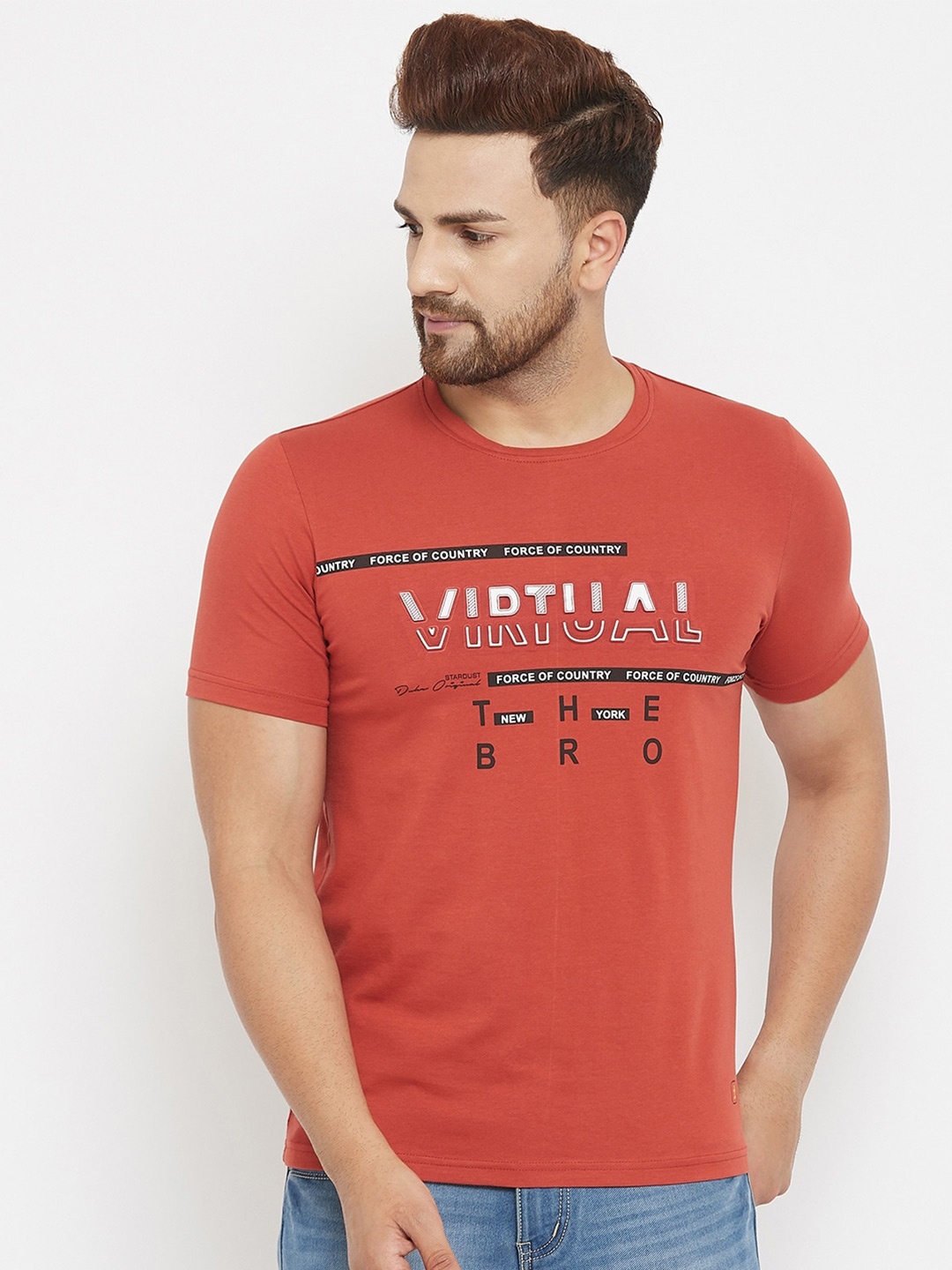 Duke Men Rust & White Typography Printed Slim Fit T-shirt