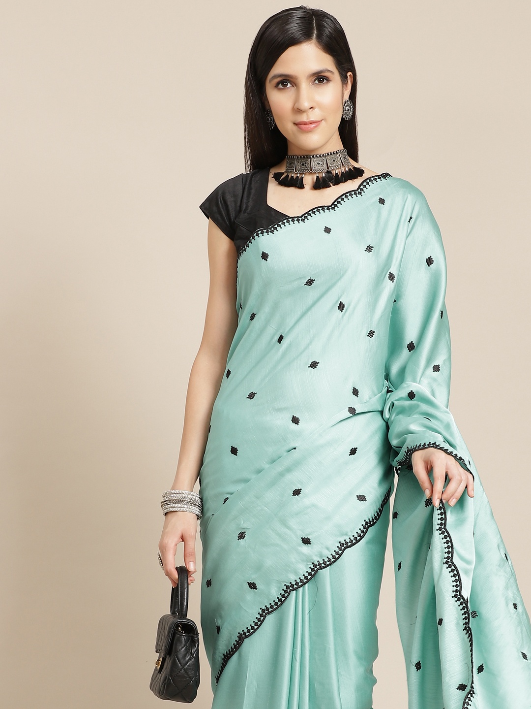 Anouk Blue & Black Embroidered Saree