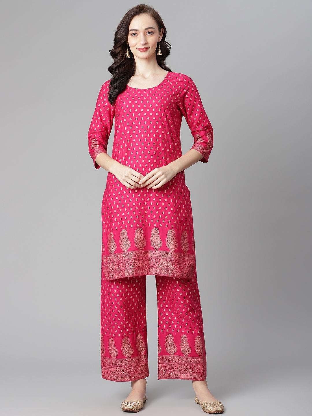 Poshak Hub Women Pink & Golden Ethnic Motifs Printed Regular Pure Cotton Kurta & Palazzos
Poshak Hub Women Pink & Golden Ethnic Motifs Printed Regular Pure Cotton Kurta & Palazzos