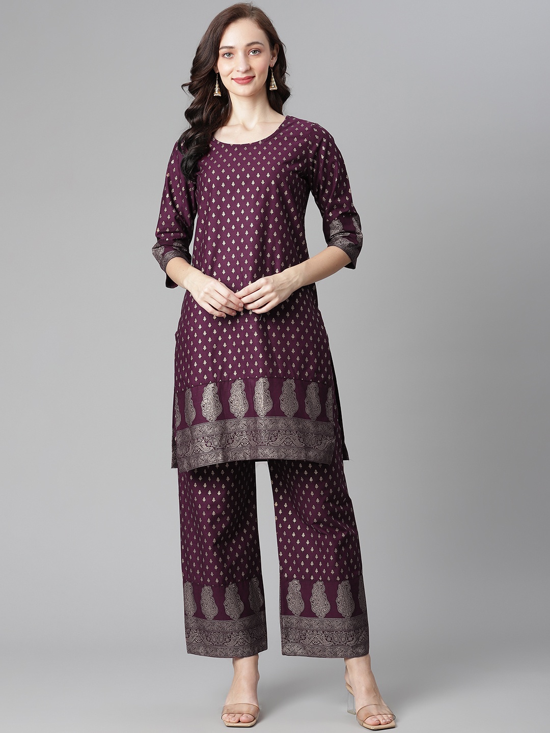 Poshak Hub Women Purple & Golden Ethnic Motifs Printed Pure Cotton Kurta with Palazzos
Poshak Hub Women Purple & Golden Ethnic Motifs Printed Pure Cotton Kurta with Palazzos