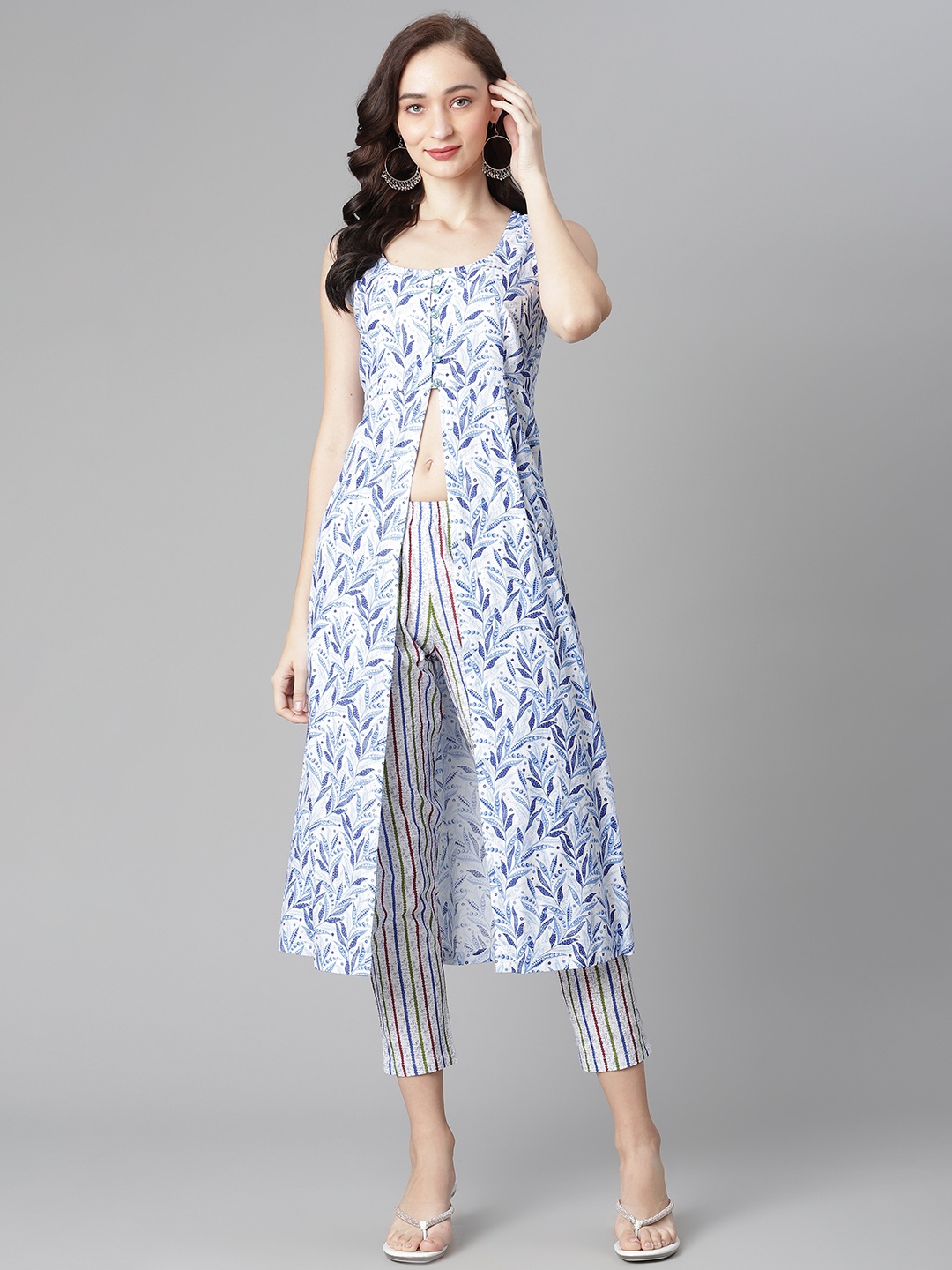 Poshak Hub Women White & Blue Floral Printed High Slit Pure Cotton Kurta with Trousers
Poshak Hub Women White & Blue Floral Printed High Slit Pure Cotton Kurta with Trousers