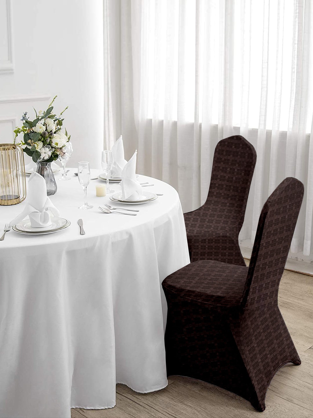 Cortina Brown Set of 2 Printed Banquet Elastic Chair Covers