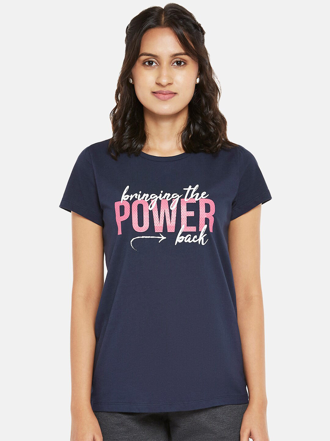 Ajile by Pantaloons Women Navy Blue & Pink Typography Printed Regular Top 
Ajile by Pantaloons Women Navy Blue & Pink Typography Printed Regular Top